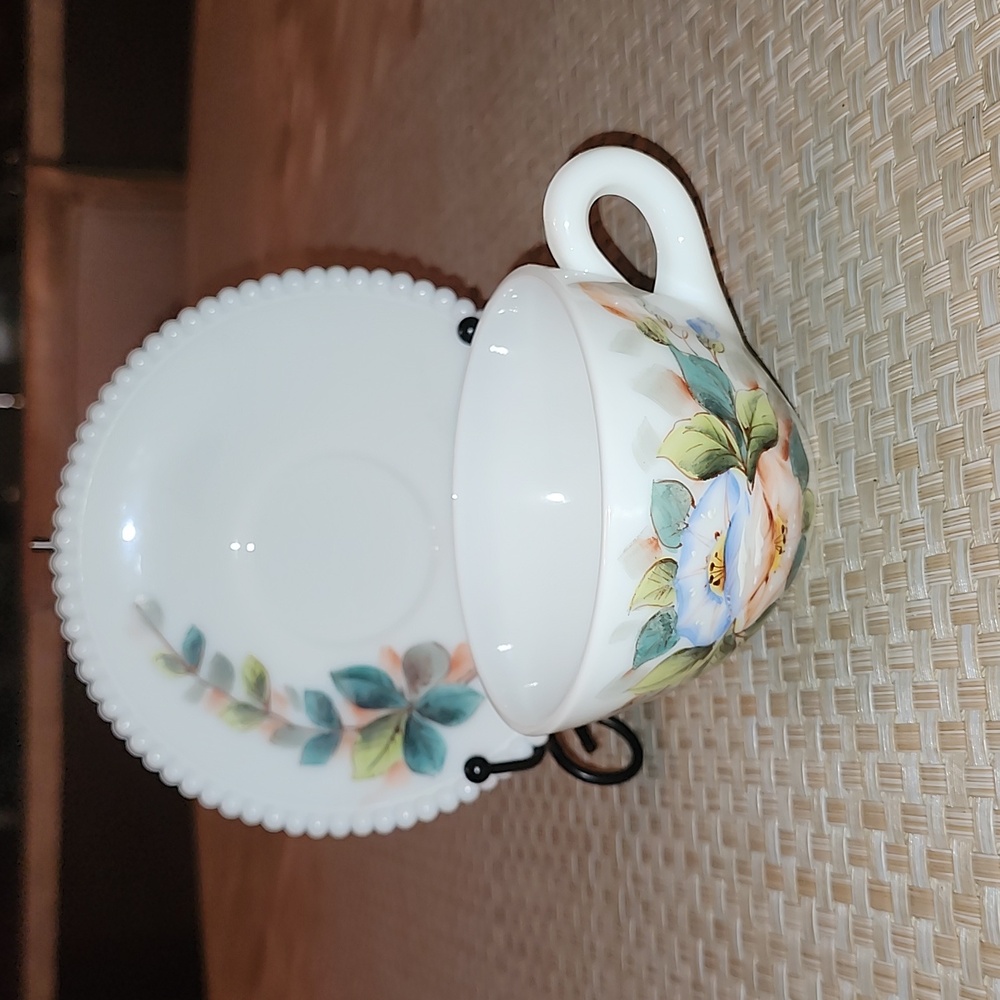 Mid-Century Hand Painted Floral Milk Glass Cup & Saucer Set Beaded Hobnail Trim